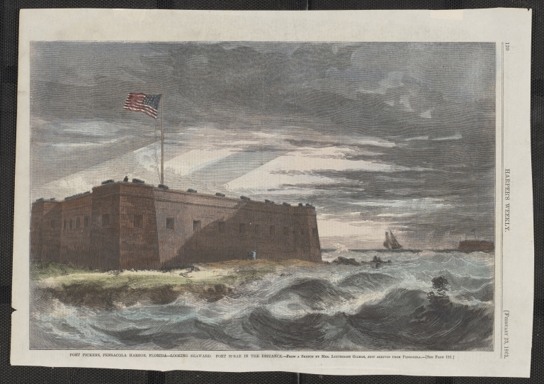Harper's Weekly, February 23, 1861. "Fort Pickens, Pensacola Harbor, Florida -- Looking Seaward. Fort McRae in the Distance." From a Sketch by Mrs. Lieutenant Gilman, Just Arrived from Pensacola.
