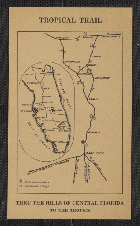 Postcard advertising location of Dade City, Florida with discussion/description on one side and Tropical Trail map of peninsular Florida on the verso with an indicated location of Dade City